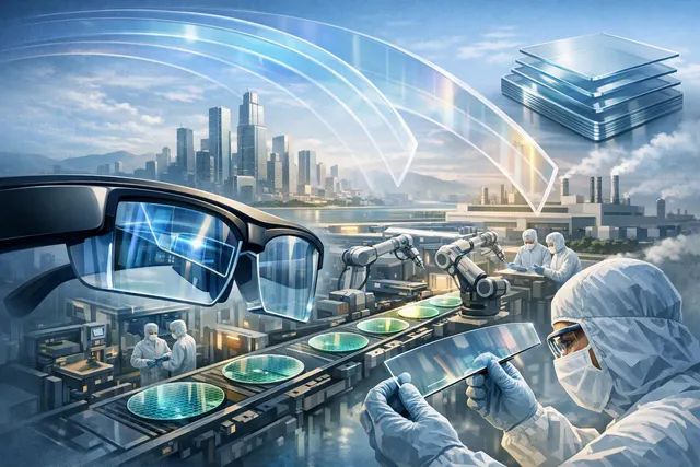 Illustration of a transparent AR smart-glasses lens and optical waveguide production line