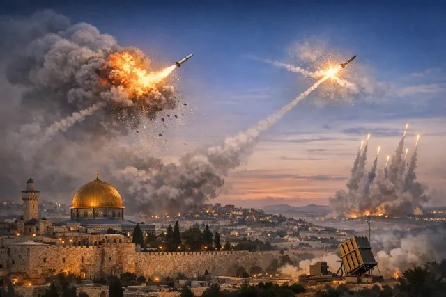 Illustration depicting the rapid escalation and fragile pause in the June 2026 Iran-Israel conflict, with missiles, a downed helicopter, and diplomatic pressure from President Trum