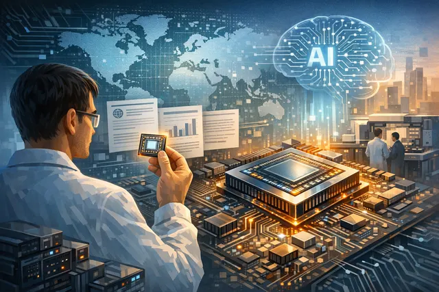 Abstract visualization of a semiconductor chip with AI neural network connections representing DeepSeek's proprietary AI inference chip strategy.