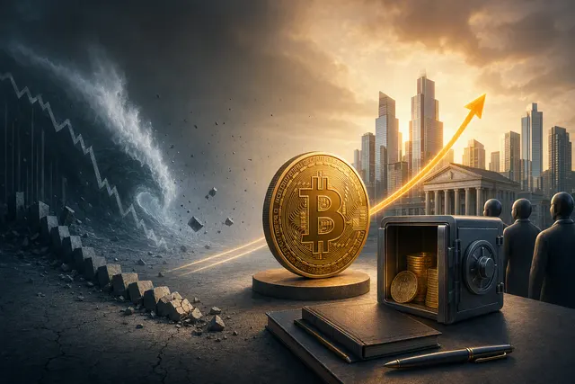 Editorial illustration of Bitcoin’s evolving market cycle and institutional investment