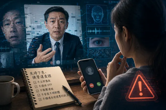 手機上的可疑訊息與深偽警示符號，提醒使用者先停下來查證