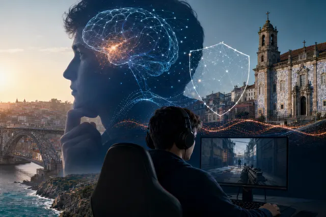 Conceptual illustration of AI analyzing player input patterns to detect cheating in online games