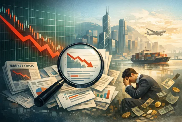 Graphic representation of the Hang Seng Index decline with downward arrow, financial market data, and technical chart elements