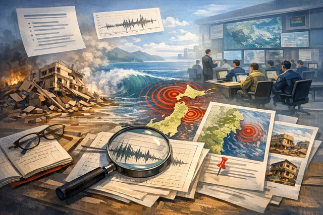 AI-generated editorial hero image for a fact-checked article about the June 25, 2026 magnitude 6.9 earthquake off northeastern Japan