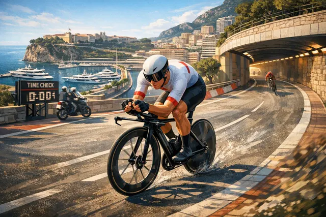 Tadej Pogačar racing through Monaco during the opening time trial of the 2026 Vuelta a España