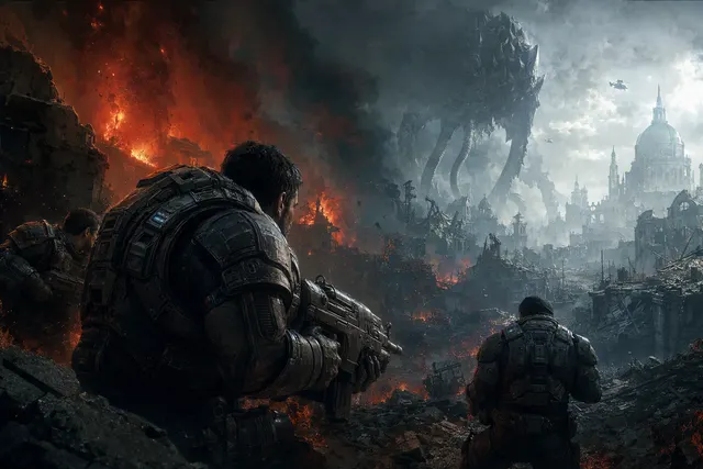 AI-generated editorial illustration for an article about Gears of War: E-Day reviews
