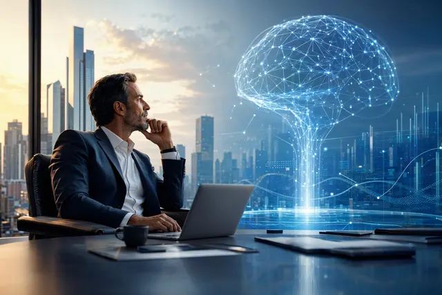 Illustration of a business owner considering an AI investment, with abstract technology motifs