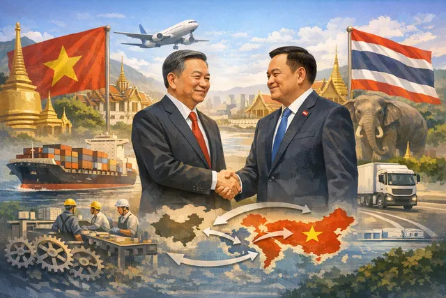 Vietnam and Thailand leaders shaking hands over a digital map of Southeast Asia symbolizing the China+2 supply chain strategy