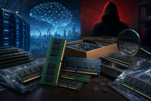Illustration of a DDR5 memory module being inspected for counterfeit warning signs