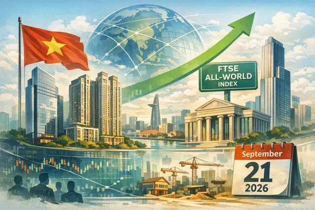 Editorial illustration of Vietnam’s stock market joining the FTSE All-World Index, with market charts and global investment links