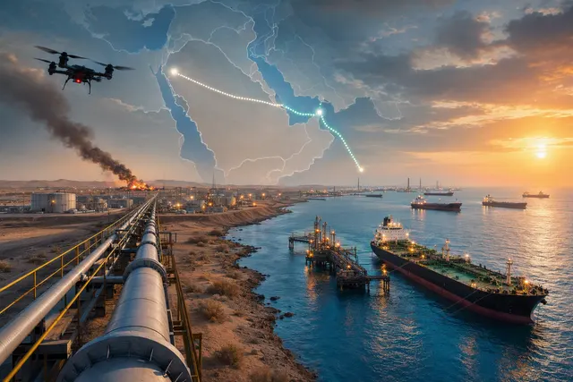 Illustration accompanying a report on Saudi Aramco’s pipeline restart and alternative crude export routes