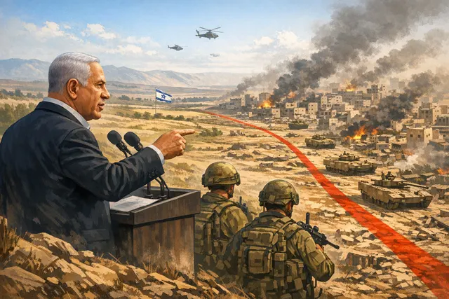Israeli Prime Minister Benjamin Netanyahu addresses a podium, gesturing emphatically, with the Israeli flag visible in the background.