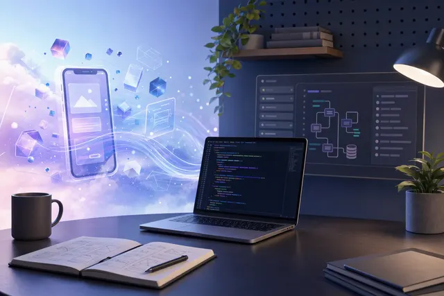 Illustration of an AI-assisted Flutter application development workflow with frontend, backend, database, and cloud deployment components