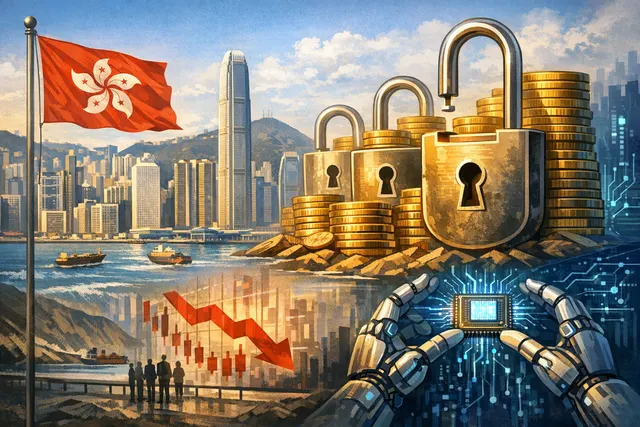 A conceptual 3D illustration of a massive wave of metallic golden locks breaking open over the Hong Kong stock exchange trading floor.