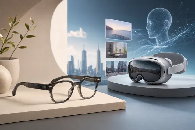 Conceptual illustration of smart glasses and a mixed-reality headset