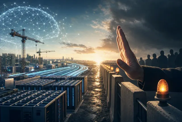 Editorial illustration representing AI safety concerns and investor uncertainty around data-center spending