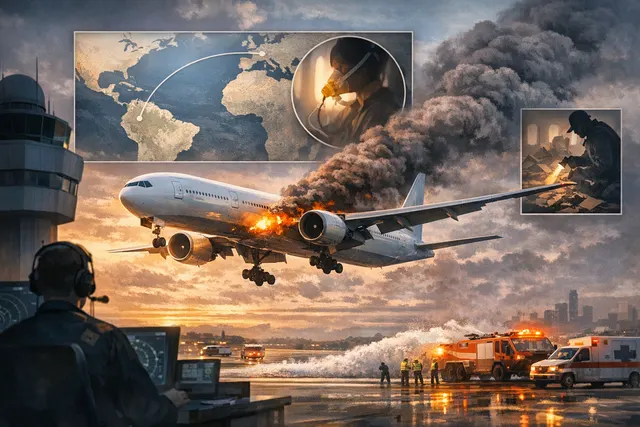 AI-generated editorial image of a KLM Boeing 777-300ER in flight over the English Channel, representing the KL791 emergency diversion.