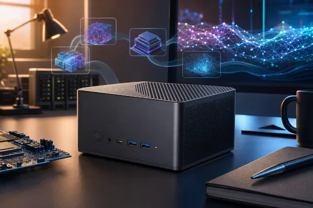 Editorial illustration of Acer Veriton RI110 mini AI workstation with connectivity ports
