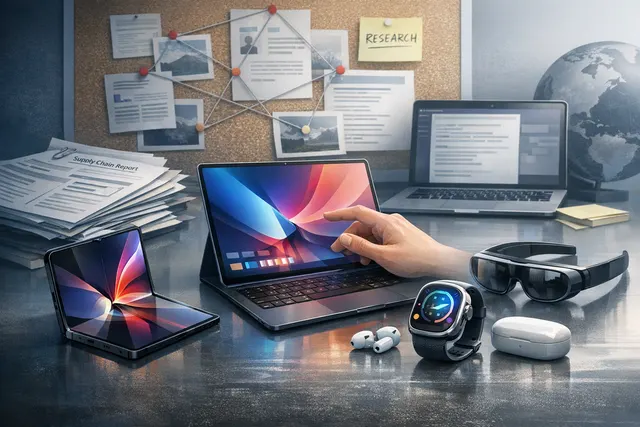 Apple product roadmap illustration showing a foldable iPhone, touchscreen MacBook, camera AirPods, and smart glasses against a futuristic timeline from late 2026 to 2027.