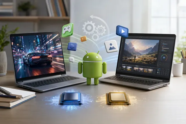 Illustration representing Android app compatibility on Intel-based Googlebook laptops