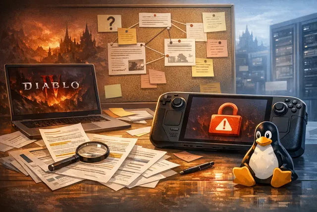 Diablo IV Error Code 127 on a Steam Deck screen with a splash screen background