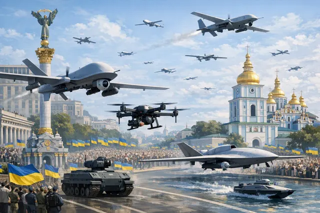 AI-generated illustration of Ukrainian unmanned ground, naval and aerial military systems in formation