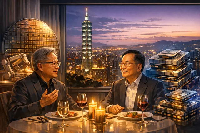 Nvidia CEO Jensen Huang and TSMC Chairman C.C. Wei meeting over a strategic dinner in Taipei to discuss next-generation AI chip production and advanced packaging