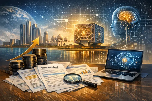 Abu Dhabi skyline with a glowing AI network overlay representing MGX's $49 billion AI fund