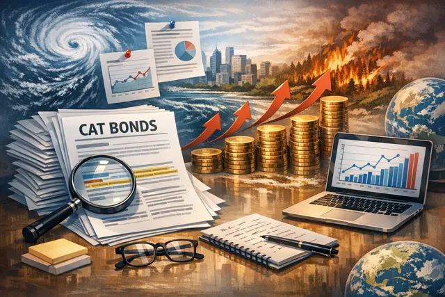 AI-generated illustration representing the growth of the catastrophe bond market in 2026, depicting financial charts and insurance-linked securities.