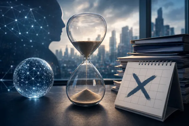Editorial illustration representing the OpenAI IPO timing debate between 2026 and 2027.