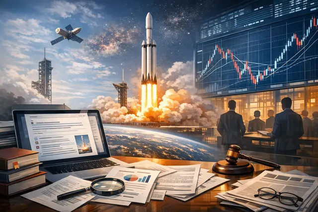 SpaceX rocket launch with stock market charts and SPCX ticker overlay, symbolizing the company's record-breaking IPO and fast-track index inclusion on the Nasdaq.