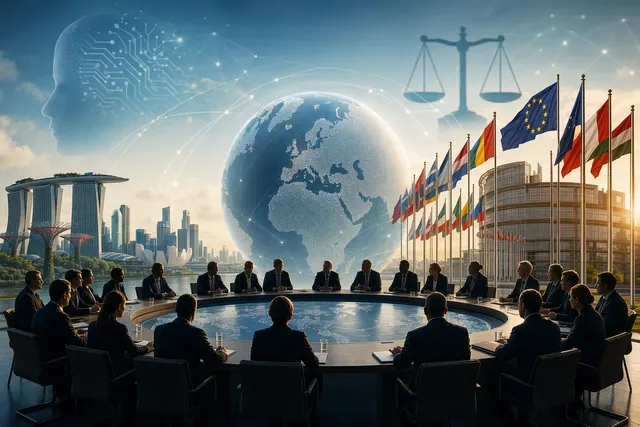 Editorial illustration about international oversight of frontier AI