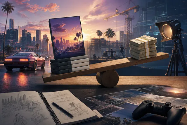 Editorial illustration for an article about GTA VI’s $79.99 price and the debate over higher video game prices