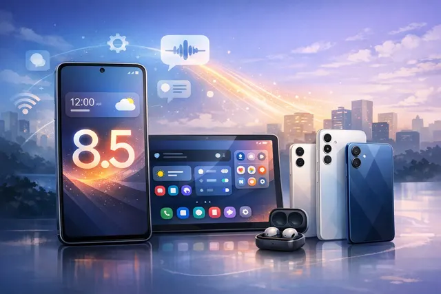 Samsung One UI 8.5 update on a budget Galaxy smartphone displaying new transparent Quick Panel and lock screen with automatic clock layout.