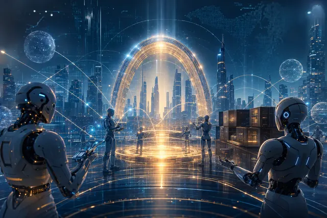 Conceptual illustration of AI agents using digital payment infrastructure on a blockchain