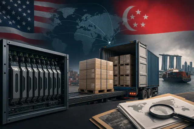 Editorial illustration representing AI servers moving through an international shipping route