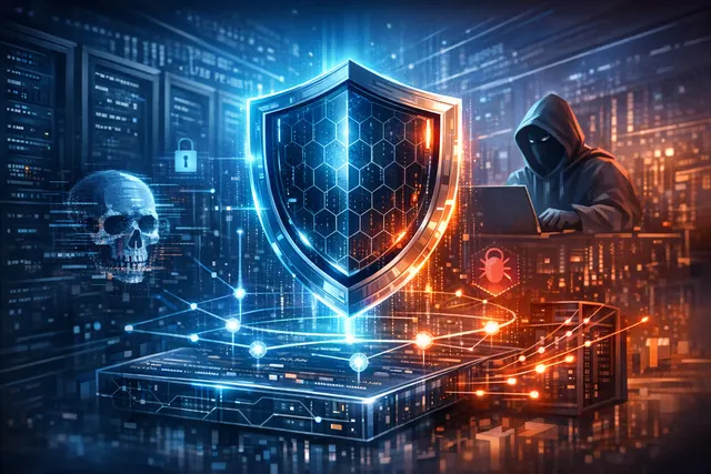 Cisco Live Protect abstract visualization showing a network shield with eBPF data streams protecting a switch infrastructure from AI-driven exploit code.