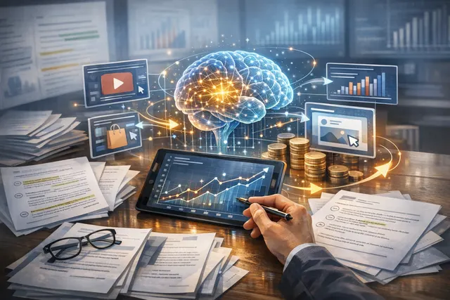 Visual representation of AI optimizing ad budget allocation across multiple digital advertising channels