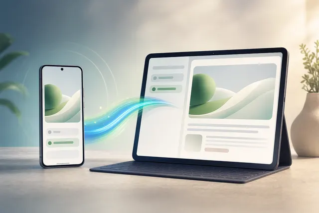Illustration of Android 17 Continue On feature moving an app task from phone to tablet