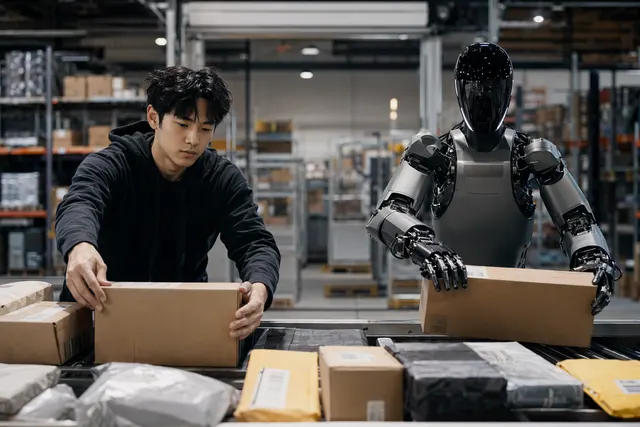 Humanoid robot and human worker facing off in a warehouse sorting challenge