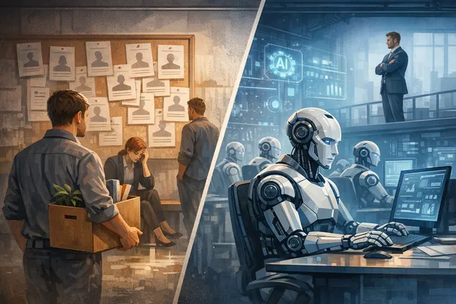 A conceptual illustration of ClickUp's AI-driven restructuring, with human figures exiting an office composed of digital AI agent symbols, highlighting the workforce shift.