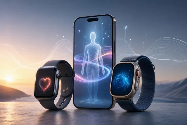 Editorial illustration of Apple Watch health tracking and the redesigned Apple Health app