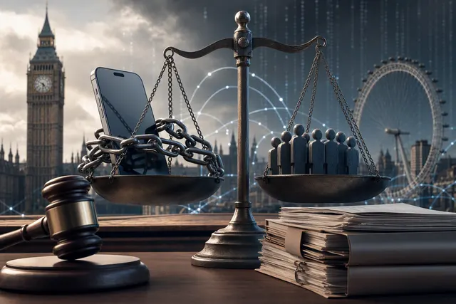 Illustration of Apple App Tracking Transparency and a UK competition lawsuit involving app developers