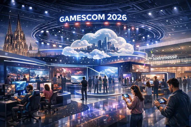 AI-generated illustration of Samsung gaming monitors, Galaxy devices and a connected Gamescom 2026 gaming setup