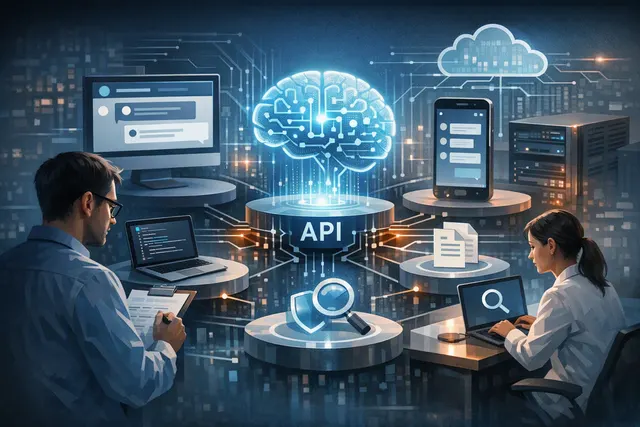 Abstract editorial illustration of an AI agent operating within interconnected safety and software controls