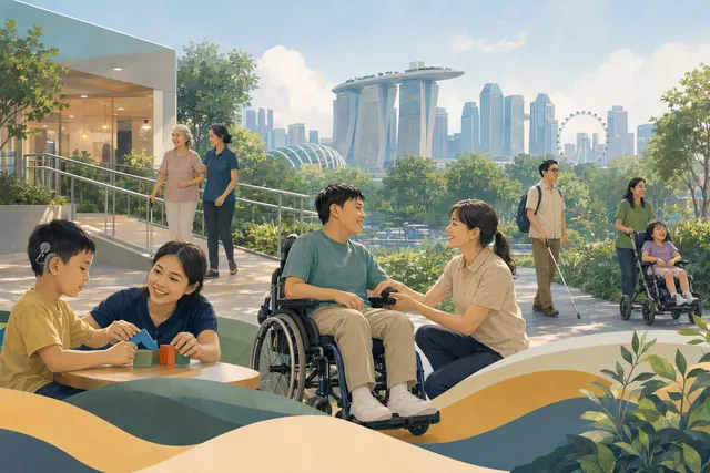 AI-generated editorial illustration for proposed changes to Singapore disability services