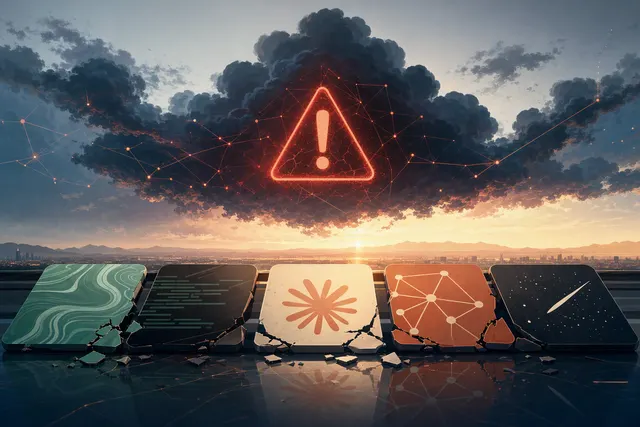 Editorial illustration representing simultaneous outages affecting major AI services