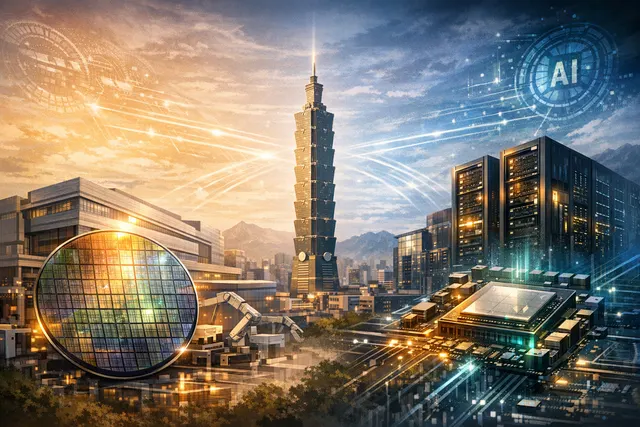 A conceptual digital rendering of TSMC's advanced semiconductor manufacturing facility integrated with Nvidia AI technology, surrounded by stock market data and pricing trend indic