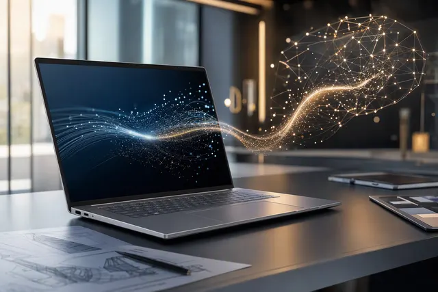Editorial illustration of HP’s ZBook Ultra G3a and local-first Perplexity AI workflows