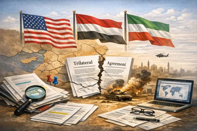 A symbolic illustration representing the stalled U.S.-brokered Trilateral Framework Agreement between the United States, Israel, and Lebanon, with elements of diplomacy, conflict,
